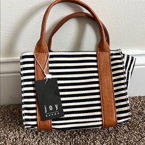 Joy Susan Black and White Striped Handbag with Tan Accents